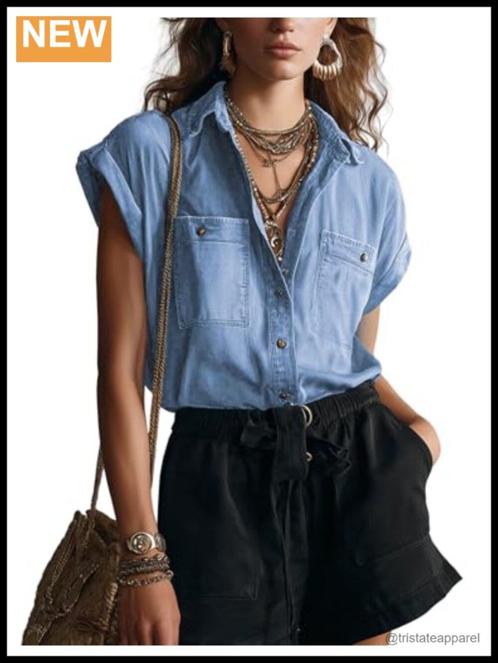 Womens Denim Button Down Shirt Short Sleeve Chambray Top 100% Cotton